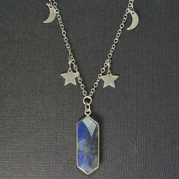 Labradorite Long Marquise Pendant on Moon Star Chain - Picture 1 of 2